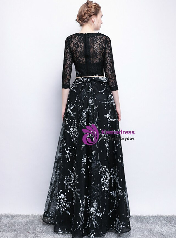 Splendid In Stock:Ship in 48 Hours Black Tulle Lace 3/4 Sleeve Prom Dress With Pocket