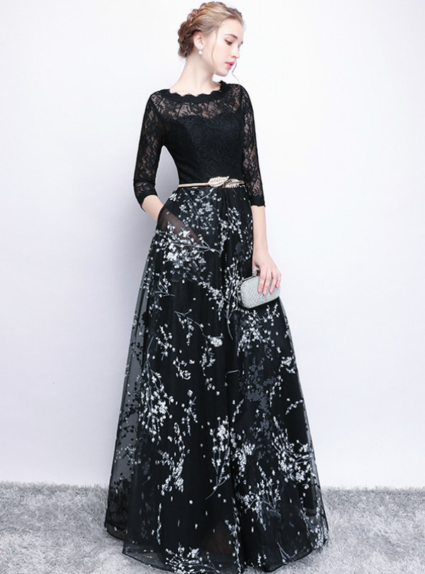 Splendid In Stock:Ship in 48 Hours Black Tulle Lace 3/4 Sleeve Prom Dress With Pocket