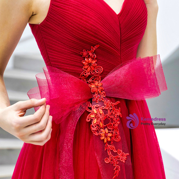 Exciting  In Stock:Ship in 48 Hours Red Tulle V-neck Pleats Lace Appliques Prom Dress