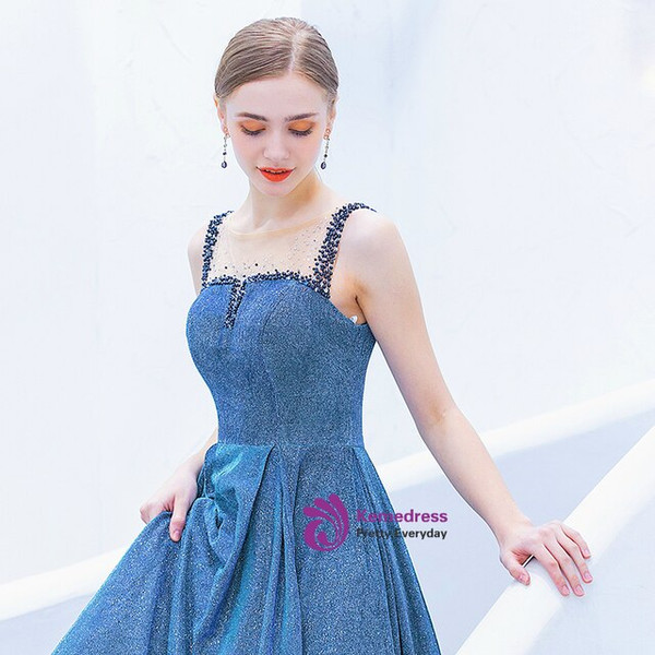 Dazzling In Stock:Ship in 48 Hours Blue Bateau Beading Sleeveless Prom Dress 