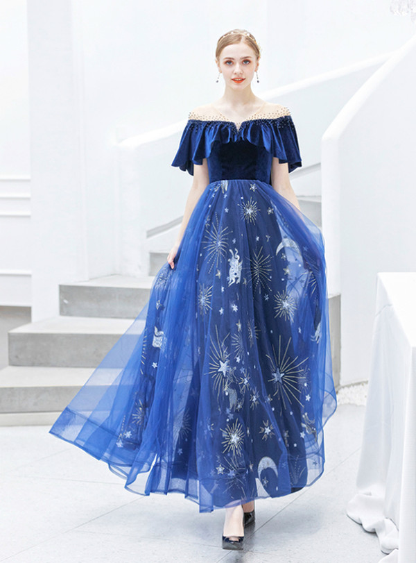 Splendid In Stock:Ship in 48 Hours Blue Tulle Velvet Star Print Sequins Prom Dress