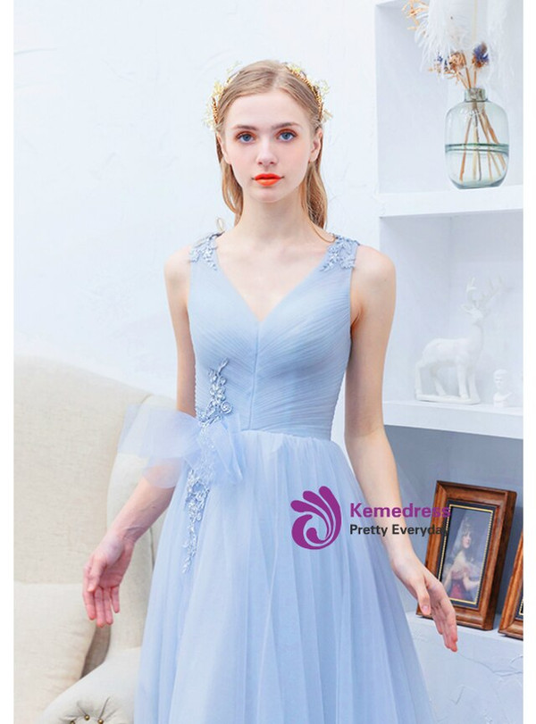 First-Class In Stock:Ship in 48 Hours Blue Tulle V-neck Pleats Prom Dress