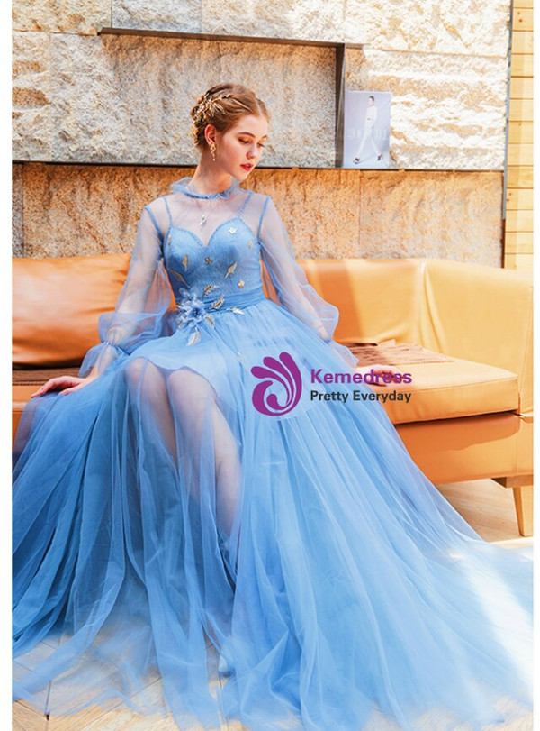 Glittering In Stock:Ship in 48 Hours Blue Tulle Long Puff Sleeve Appliques Prom Dress