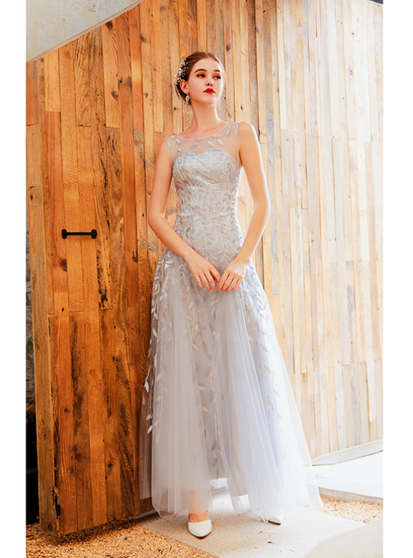 Plain In Stock:Ship in 48 Hours Silver Tulle Sequins Appliques Sleeveless Prom Dress