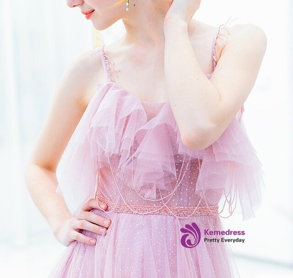 New arrivals In Stock:Ship in 48 Hours Sexy Pink Tulle Spaghetti Straps Beading Prom Dress