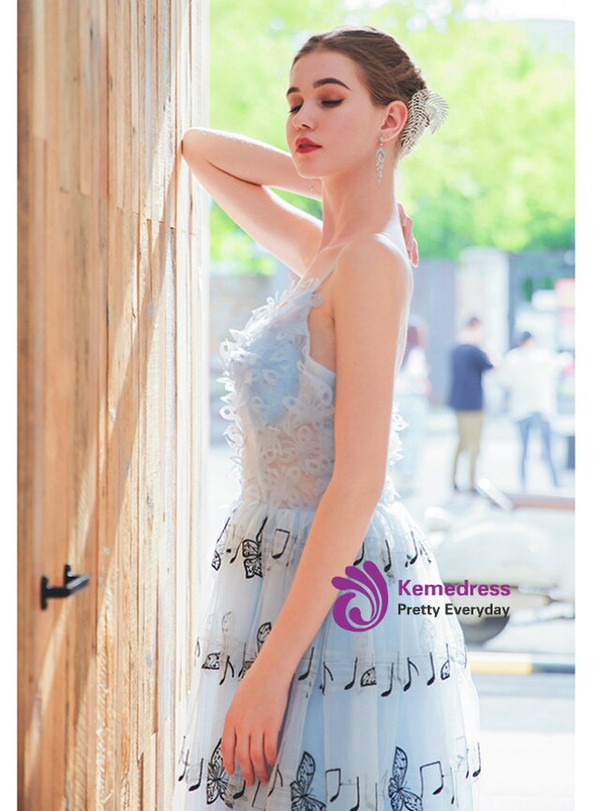 Exquisite In Stock:Ship in 48 Hours Light Blue Tulle V-neck Appliques Embridery Prom Dress