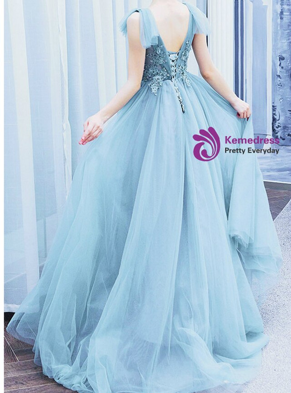 In Stock:Ship in 48 Hours Blue Tulle Appliques Beading Pleats Backless Prom Dress