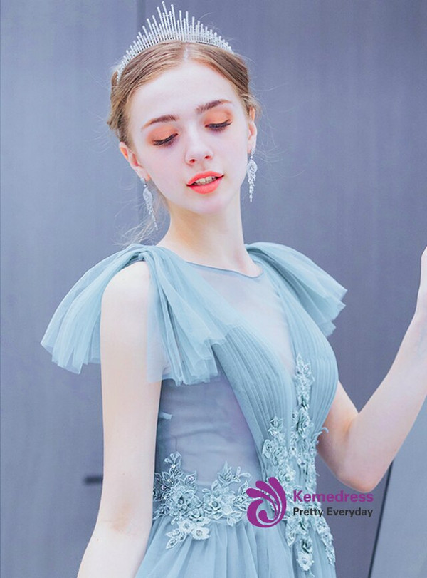 In Stock:Ship in 48 Hours Blue Tulle Appliques Beading Pleats Backless Prom Dress