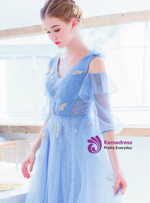 In Stock:Ship in 48 Hours Blue V-neck Short Sleeve Pleats Appliques Prom Dress