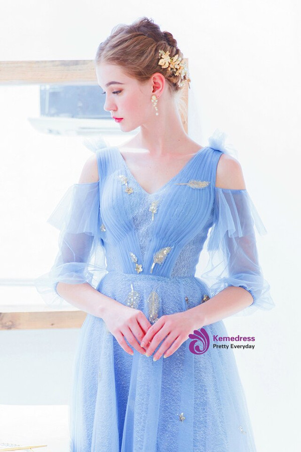 In Stock:Ship in 48 Hours Blue V-neck Short Sleeve Pleats Appliques Prom Dress