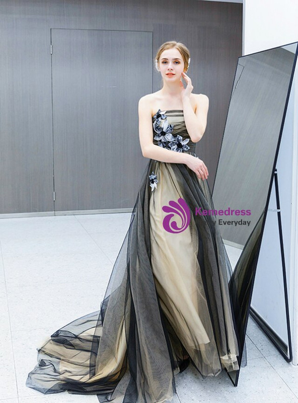 Fantastic In Stock:Ship in 48 Hours Black Tulle Strapless Flower Pleats Prom Dress