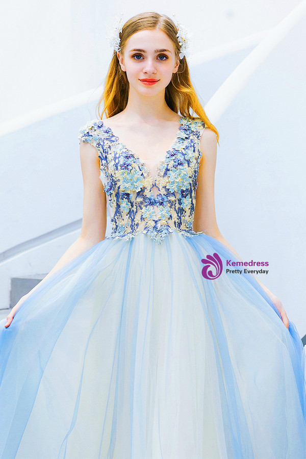 In Stock:Ship in 48 Hours Blue V-neck Tulle Appliqus Sleeveless Prom Dress