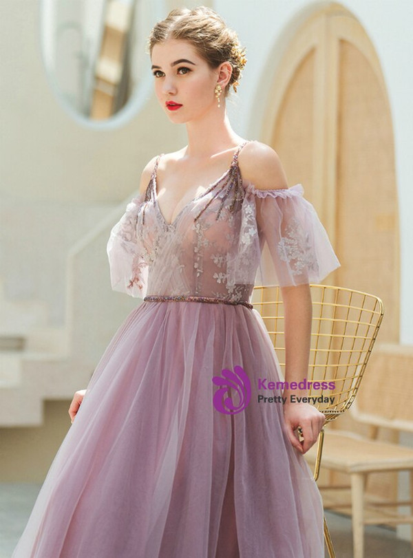 Splendid In Stock:Ship in 48 Hours Pink Tulle V-neck Spaghetti Straps Appliques Prom Dress