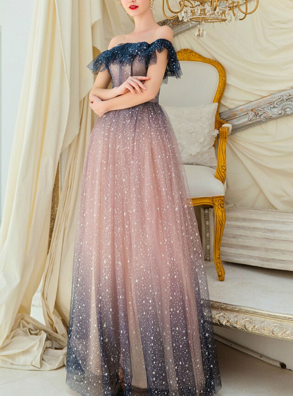 In Stock:Ship in 48 Hours Pink Tulle Sequins Off the Shoulder Long Prom Dress