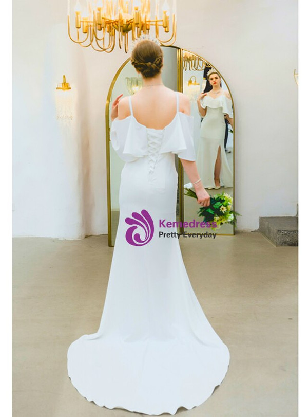 Advanced In Stock:Ship in 48 Hours White Mermaid Spaghetti Straps Prom Dress With Split