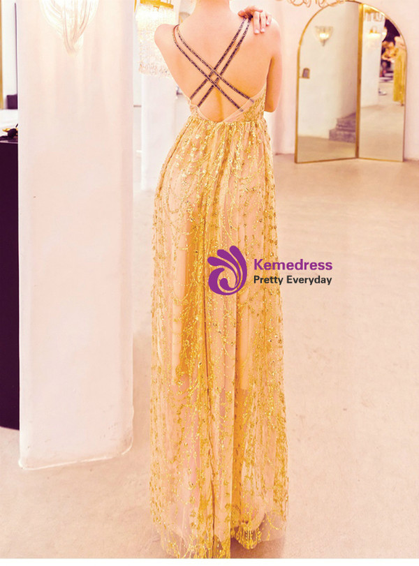 Shinning In Stock:Ship in 48 Hours Gold Tulle Sequins Double Straps Long Prom Dress