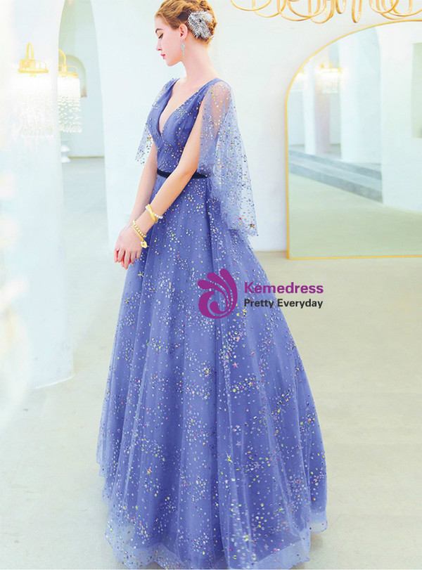 Polished In Stock:Ship in 48 Hours Blue Tulle Sequins Deep V-neck Formal Prom Dress