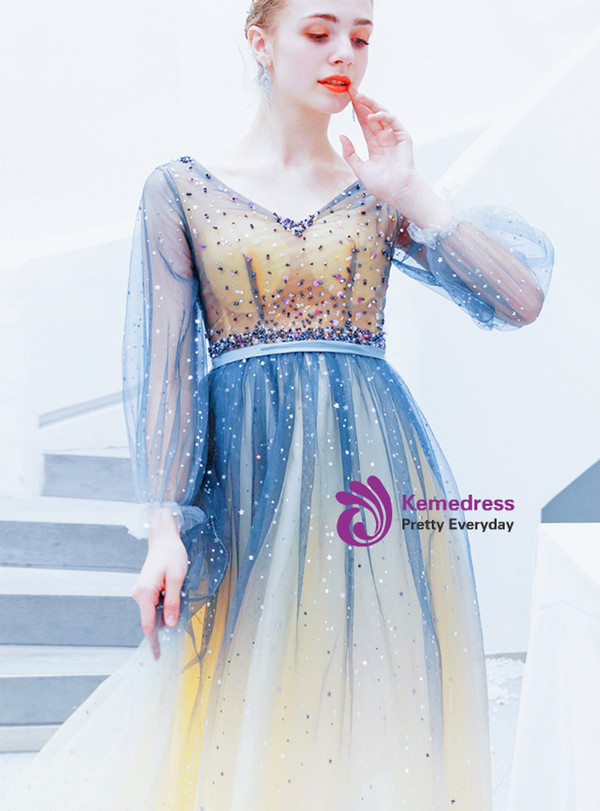 Plain In Stock:Ship in 48 Hours Blue V-neck Long Sleeve Beading Prom Dress 