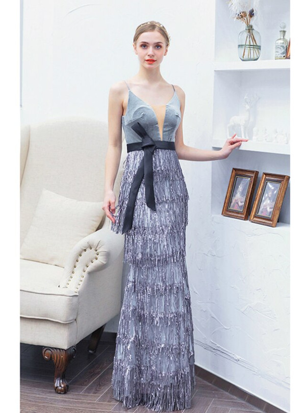 Glittering In Stock:Ship in 48 Hours Mermaid Silver Gray Tassel Sequins Prom Dress
