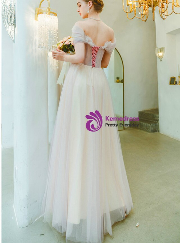 Modern In Stock:Ship in 48 Hours Pink Tulle Off the Shoulder Appliques Beading Prom Dress