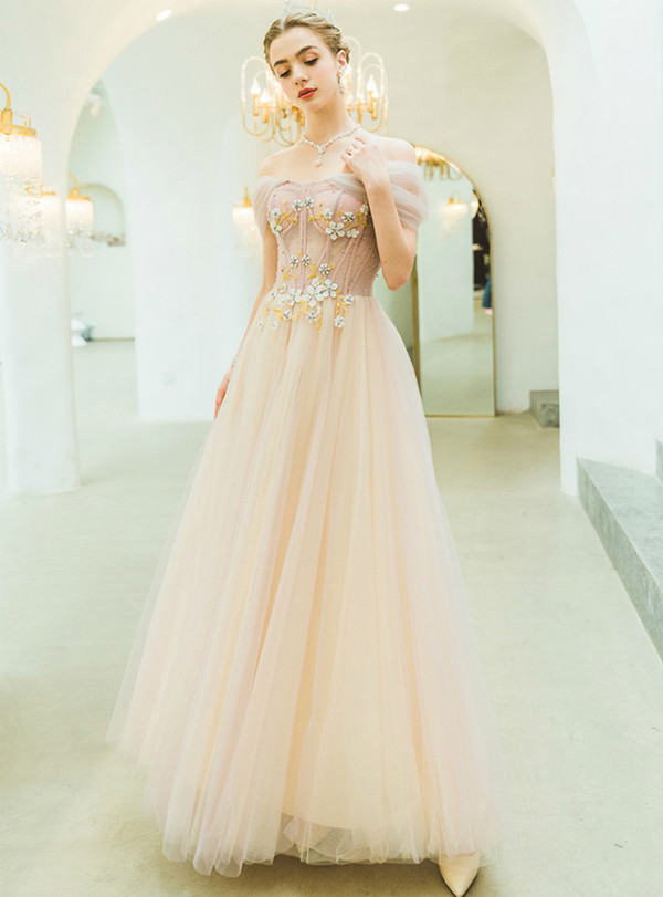 Modern In Stock:Ship in 48 Hours Pink Tulle Off the Shoulder Appliques Beading Prom Dress