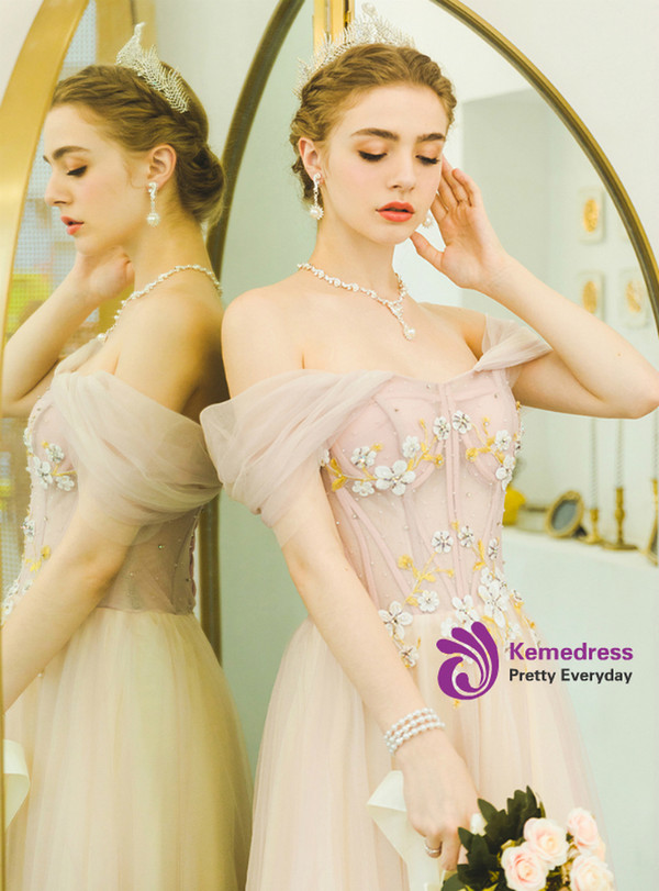 Modern In Stock:Ship in 48 Hours Pink Tulle Off the Shoulder Appliques Beading Prom Dress