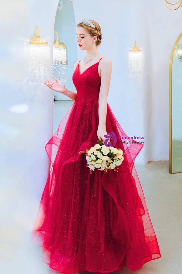 In Stock:Ship in 48 Hours Burgundy Tulle Spaghetti Straps Pleats Sleeveless Prom Dress