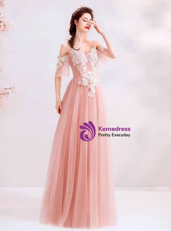 Romantic In Stock:Ship in 48 Hours Pink Tulle Appliques Spagehtti Straps Prom Dress