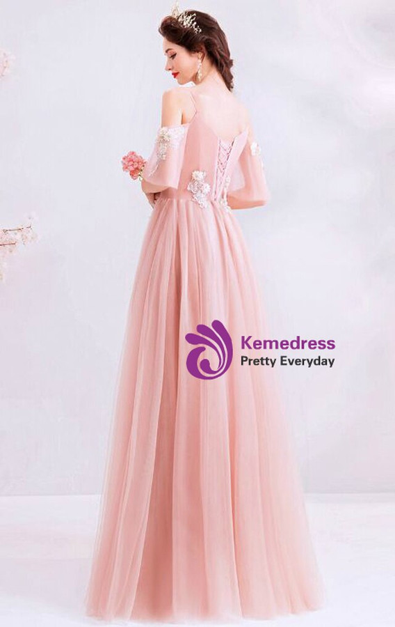 Romantic In Stock:Ship in 48 Hours Pink Tulle Appliques Spagehtti Straps Prom Dress