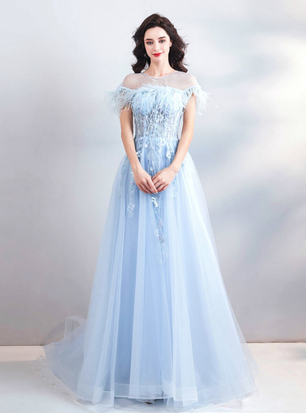 Graceful In Stock:Ship in 48 Hours Blue Tulle Appliques Feather Cap Sleeve Prom Dress