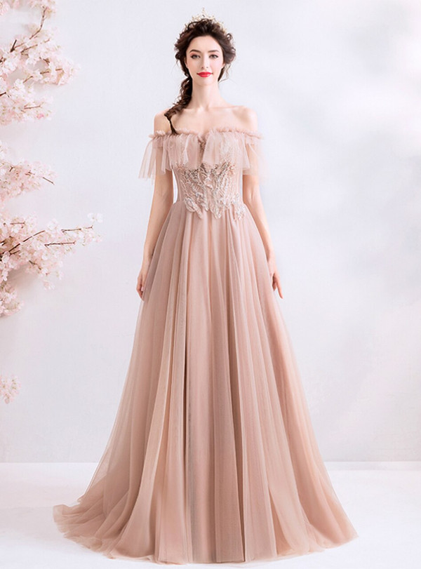 Luxurious In Stock:Ship in 48 Hours Pink Tulle Off the Shoulder Appliques Beading Formal Prom Dress