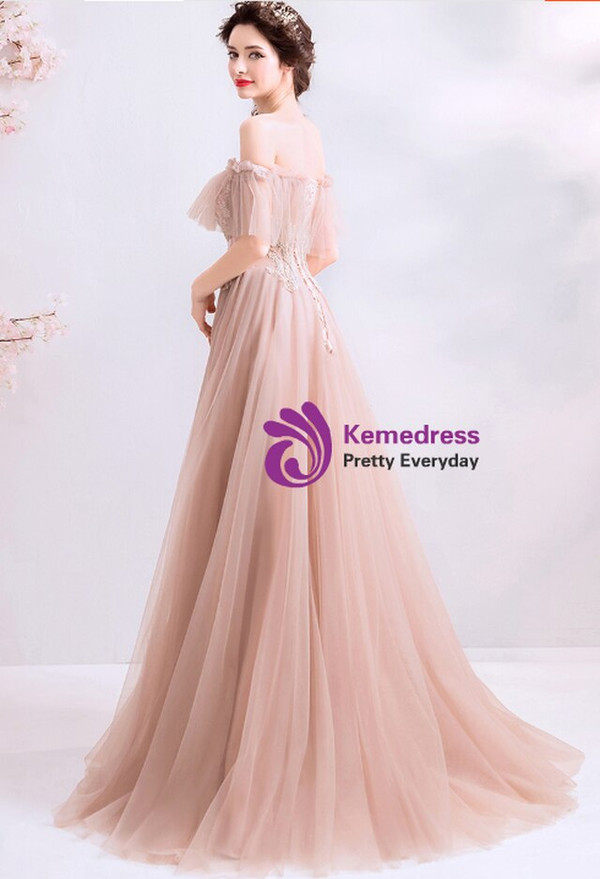 Luxurious In Stock:Ship in 48 Hours Pink Tulle Off the Shoulder Appliques Beading Formal Prom Dress