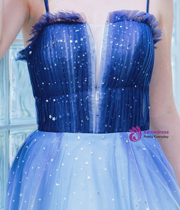 Latest In Stock:Ship in 48 Hours Blue Tulle Spaghetti Straps Sequins 1Prom Dress