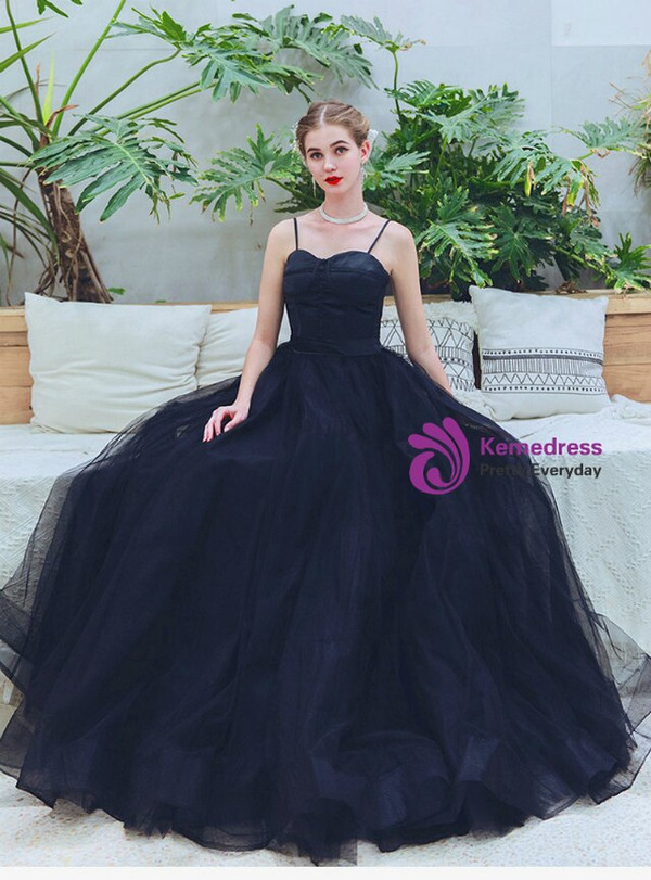 Classic In Stock:Ship in 48 Hours Black Tulle Spaghetti Straps Button Prom Dress