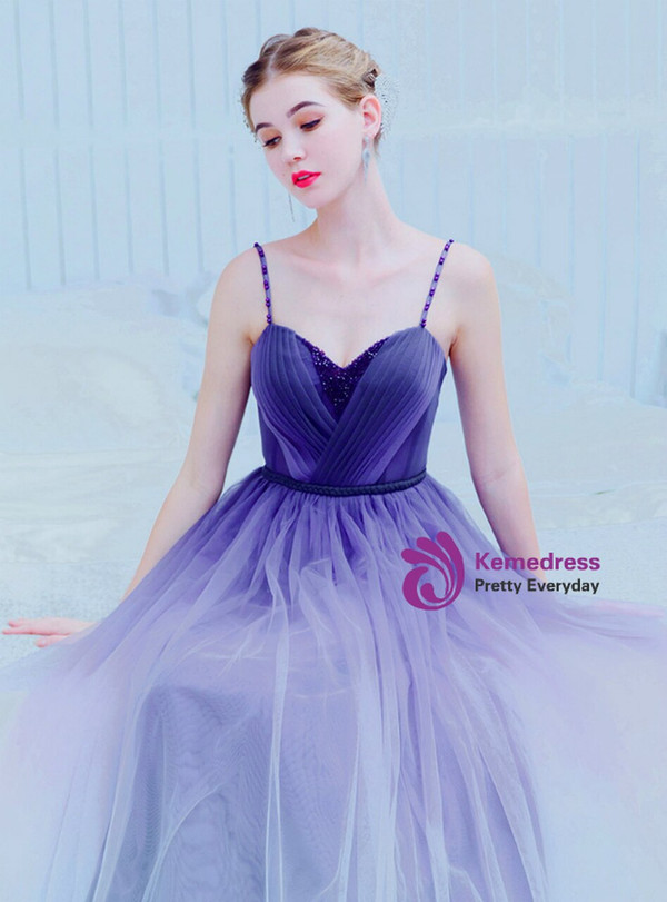 In Stock:Ship in 48 Hours Blue Purple Sapgehtti Straps Tulle Pleats Prom Dress