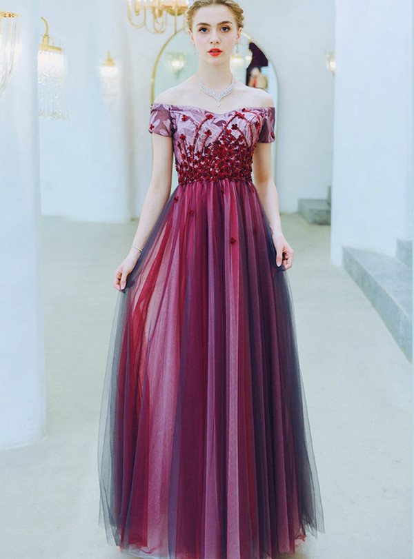 Princess In Stock:Ship in 48 Hours Burgundy Tulle Off the Shoulder Sequins Prom Dress