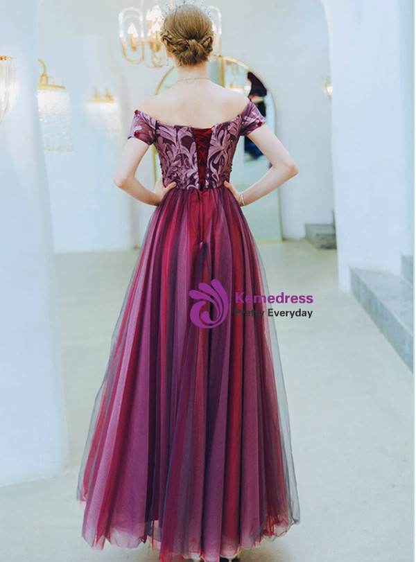 Princess In Stock:Ship in 48 Hours Burgundy Tulle Off the Shoulder Sequins Prom Dress