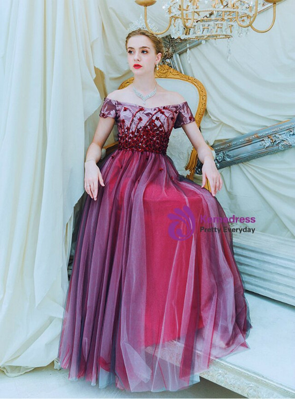 Princess In Stock:Ship in 48 Hours Burgundy Tulle Off the Shoulder Sequins Prom Dress