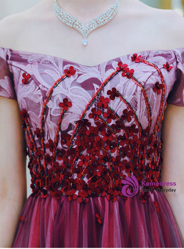 Princess In Stock:Ship in 48 Hours Burgundy Tulle Off the Shoulder Sequins Prom Dress