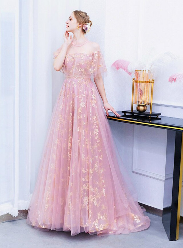 Elegance In Stock:Ship in 48 Hours Pink Tulle Gold Sequins High Neck Prom Dress