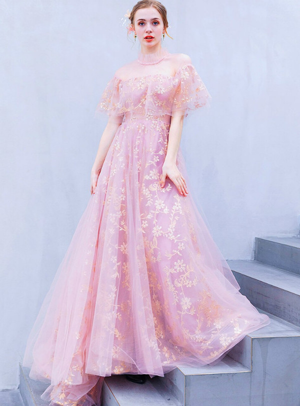 Elegance In Stock:Ship in 48 Hours Pink Tulle Gold Sequins High Neck Prom Dress