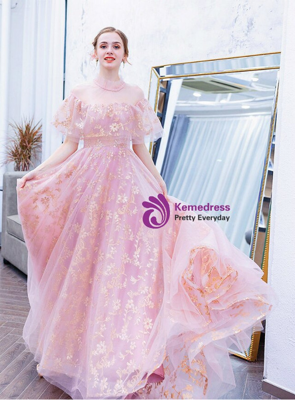Elegance In Stock:Ship in 48 Hours Pink Tulle Gold Sequins High Neck Prom Dress