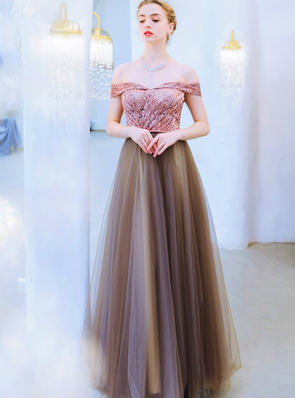 Advanced In Stock:Ship in 48 Hours Coffee Color Tulle Sequins Off the Shoulder Prom Dress