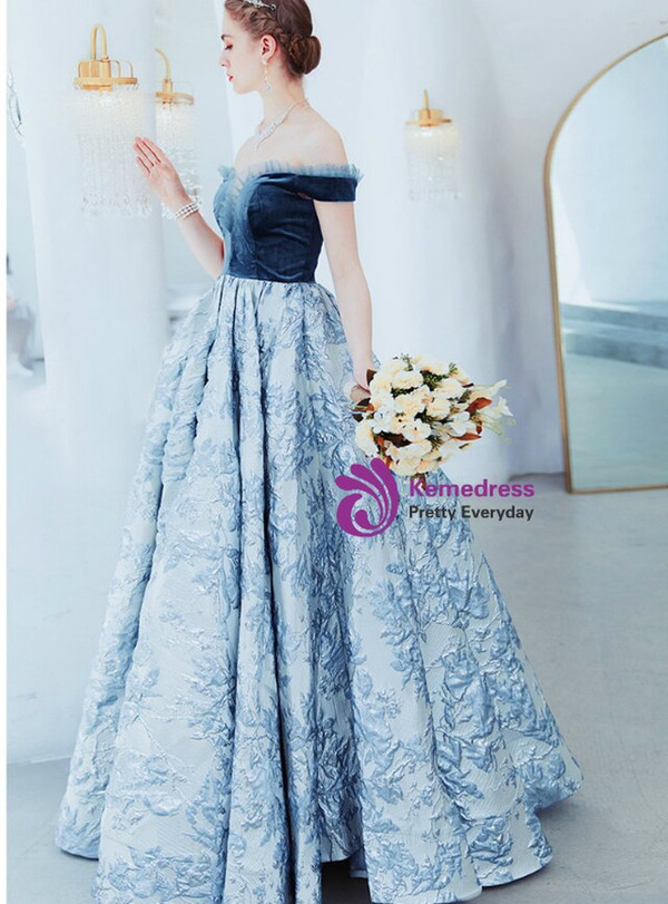 Classic In Stock:Ship in 48 Hours A-Line Blue Satin Off the Shoulder Long Prom Dress