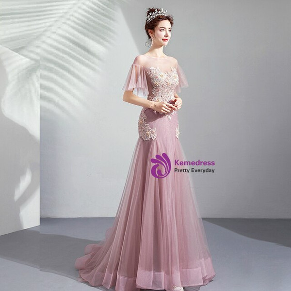 Latest In Stock:Ship in 48 Hours Sexy Pink Mermaid Tulle Appliques Prom Dress