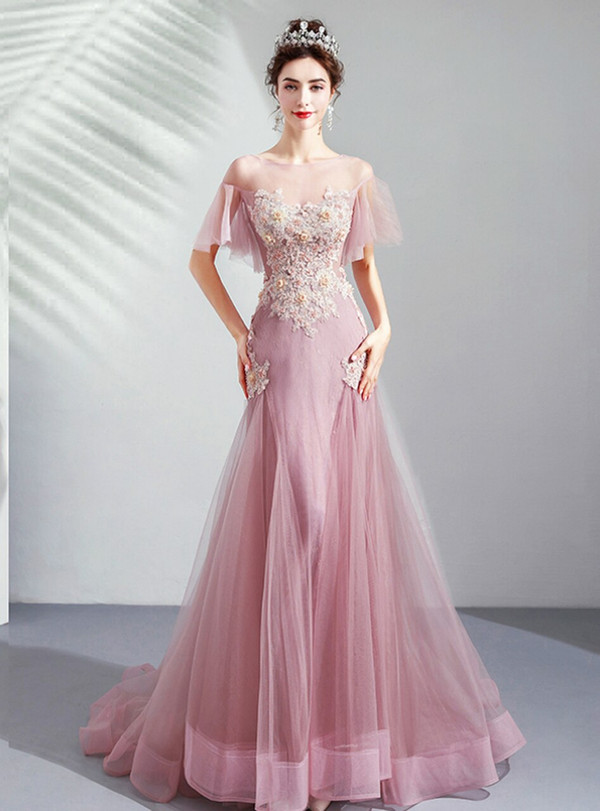 Latest In Stock:Ship in 48 Hours Sexy Pink Mermaid Tulle Appliques Prom Dress
