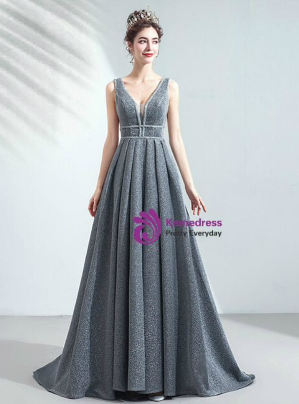 Fashion In Stock:Ship in 48 Hours Silver Satin Deep V-neck Beading Sleeveless Prom Dress