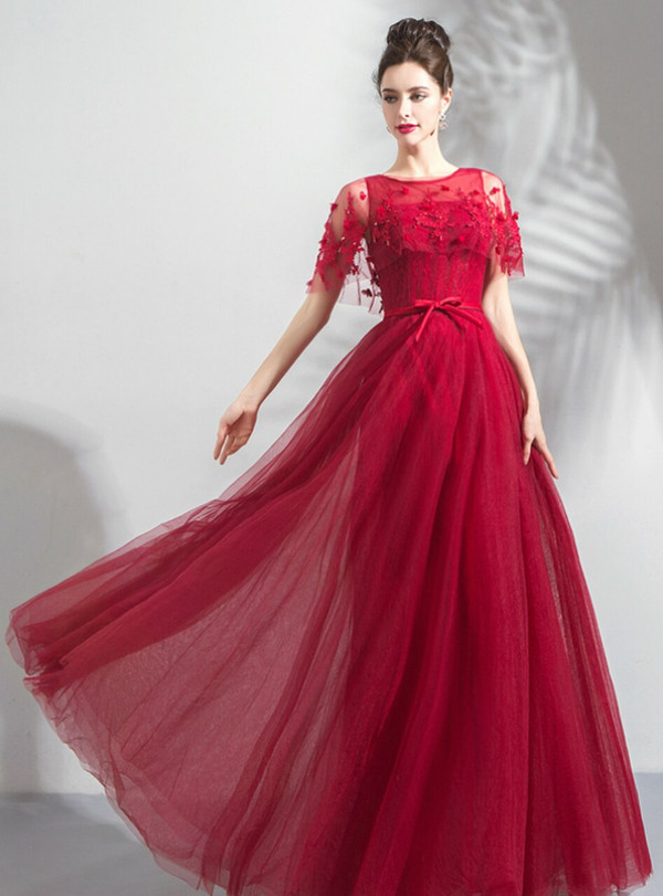 In Stock:Ship in 48 Hours Burgundy Tulle Backless Appliques Beading Prom Dress