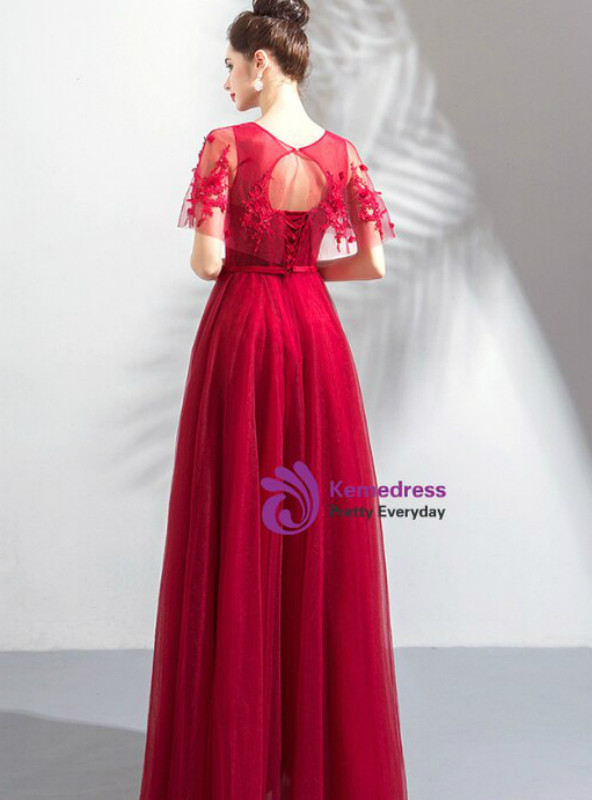 In Stock:Ship in 48 Hours Burgundy Tulle Backless Appliques Beading Prom Dress