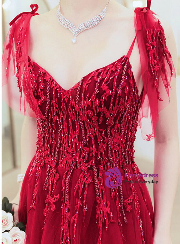 Casual In Stock:Ship in 48 Hours Burgundy Tulle Spagehtti Straps Appliques Beading Prom Dress